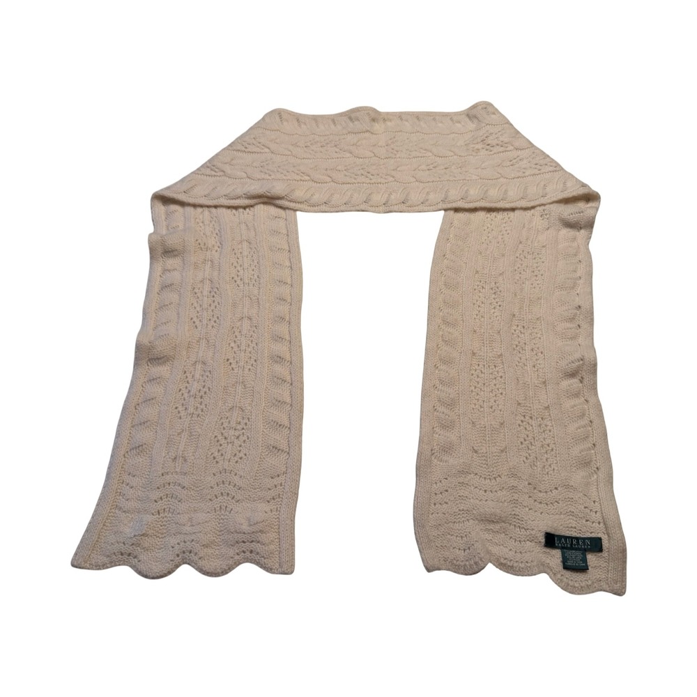 Lauren Ralph Lauren Cream Lambswool Rabbit Hair Cable Knit Scarf Scalloped Edge